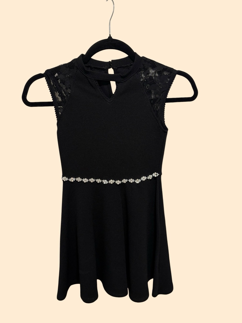 Girls' Black Lace Cap-Sleeve Dress with Embellished Waist Size 7